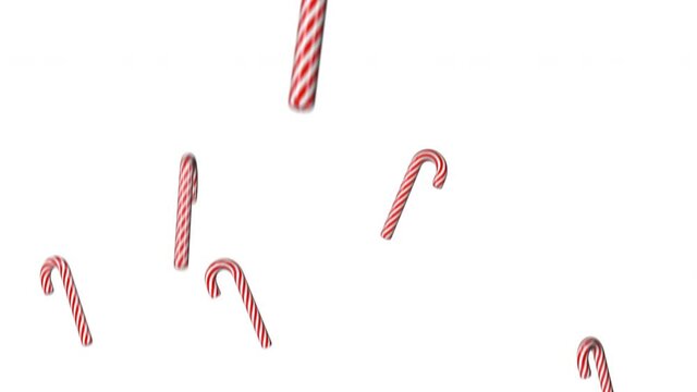 Many candy canes free falling and rotating, isolated on white background, motion blur digital 3D animation, loop.