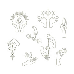 A set of logos for the company. Delicate and mystical hand logos. Vector illustration for female business. Logo for beauty salon, massage, spa.