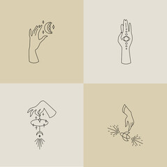 A set of logos for the company. Delicate and mystical hand logos. Vector illustration for female business. Logo for beauty salon, massage, spa.