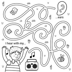 I can hear with my ears black and white maze game for kids. Five senses labyrinth