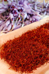 Italian saffron called Zafferano di Navelli in the province of L'Aquila in the Abruzzo region of central Italy on the table for processing and selection