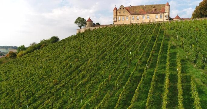 Beautiful view of the greeny vineyards and panorama of sunny rustic town Weinsberg in Heilbronn district, Germany. 4k footage.