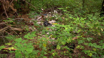 Garbage was thrown in the forest. People made a garbage dump in the forest. Environmental pollution