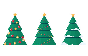 Set icon Christmas trees with balls, garland and star. Pine tree with show. Banner template for Merry Christmas, New Year, Xmas. Mock up for postcard, brochure. On white background. Green. Eps 10