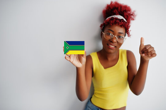 Brazilian woman with afro hair hold Amapa flag isolated on white background, show thumb up. States of Brazil concept.
