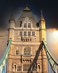 Fototapeta na wymiar London England, detail of the front of Tower bridge under impressive sky