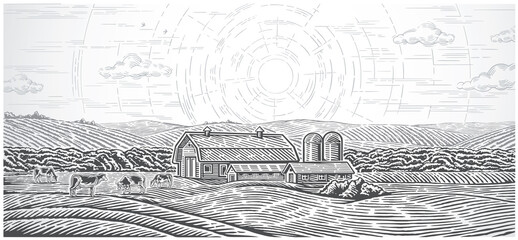 Rural landscape with a farm and with herd cows, drawn in engraving style.