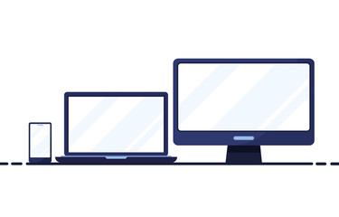 Set computer monitor, laptop and smartphone, phone mockup gadgets and devices. Flat design. On white background. Blue