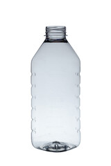 Empty plastic bottle without lid, open. Isolated on a white background