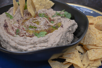 Middle Eastern baba ganoush eggplant dip with corn chips