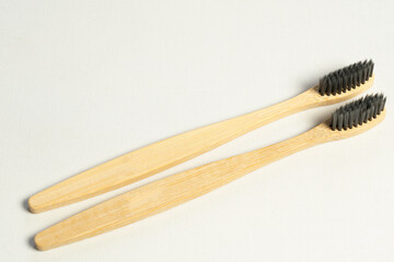 Close up a pair of teeths brush made from bamboo