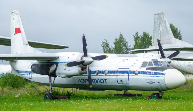 July 18, 2018, Moscow region, Russia. Soviet turboprop passenger aircraft Antonov An-24 at the Central Museum of the Russian Air Force in Monino.