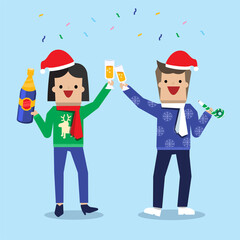 Illustration vector office ugly sweater Christmas party of young man and woman on new year eve night with Christmas costume.