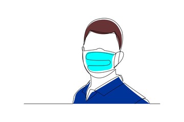 Continuous line drawing of man wearing surgical mask to protect disease, flu, air pollution, pandemic, virus. Vector illustration