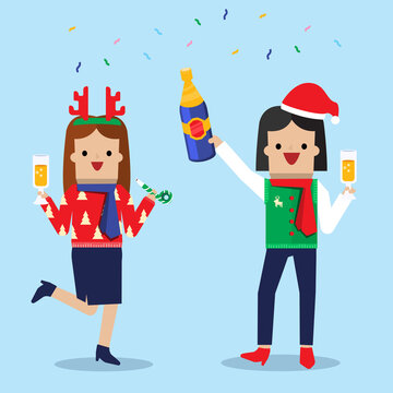 Illustration Vector Office Ugly Sweater Christmas Party Of Young Man And Woman On New Year Eve Night With Christmas Costume.