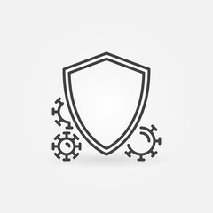 Shield and Virus or Bacteria linear icon. Antibacterial Defence vector concept outline symbol or logo element