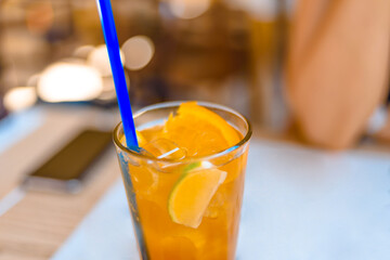 Homemade ice tea and Lemonade on table in cafe shop close top