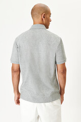 Men's gray collared shirt rear view