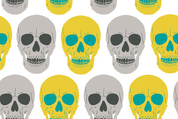 Skulls seamless pattern on transparent background. Grey and yellow skulls repetitive vector illustration.