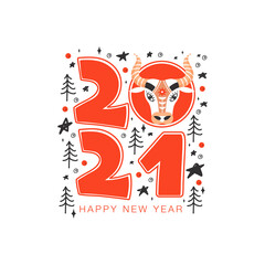 2021 lettering phrase. Happy New Year typography composition with bull and doddle elements for greeting card, poster, sticker etc. Vector illustration.