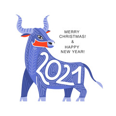 The symbol of 2021 is the Bull. Ox with stylish lettering and abstract element. Happy New Year greeting card. Chinese zodiac symbol. Vector illustration for poster, card, packaging etc.