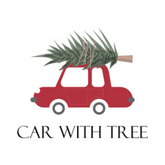 print for New Year's design. the car is carrying a tree on the roof. christmas card with text.