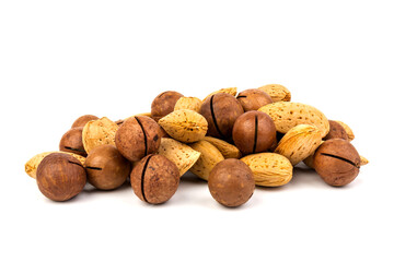 Assorted Nuts. Background of nuts - macadamia, almonds, isolated on white background