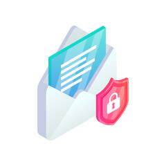 Secure email service isometric icon. Safe Mobile mail, 3d e-mail sign with shield. Private data in social network, sms chat protection, cyber security vector symbol for web, landing, app, infographic
