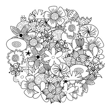 Circle shape coloring page with doodle flowers. Floral mandala for coloring book