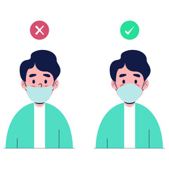 Men showing how to wearing protective mask correctly. Flat design vector illustration