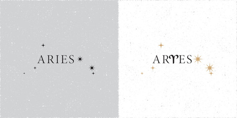 Zodiac Constellation Aries Stars and Logo Lettering with Aries Zodiac Sign Symbol - Black and Beige Elements on White Grunge Background - Contrast Graphic Design