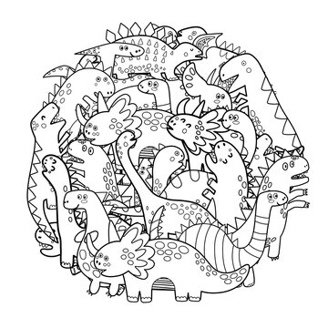 Circle shape coloring page with cute dinosaurs. Mandala with dinos