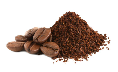Coffee powder,ground coffee beans and coffee beans isolated on the white background..