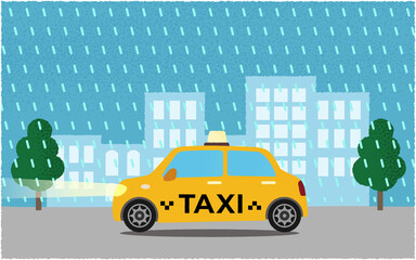 豪雨の中、ライトを点けて都市の道路を進む黄色いタクシーのベクターイラスト