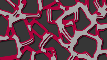 Layered background with wavy striped grid. Smooth shapes in black, gray and red colors in papercut style