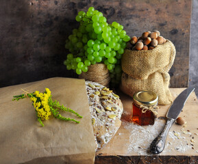 Bread in a package on a wooden board.