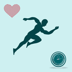 Advanced training . Runner silhouette, heart, stopwatch - vector. Smart workouts.