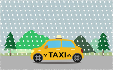 吹雪の中、ライトを点けて山沿いの道を進む黄色いタクシーのベクターイラスト