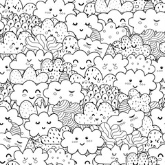 Doodle clouds black and white seamless pattern. Funny coloring page