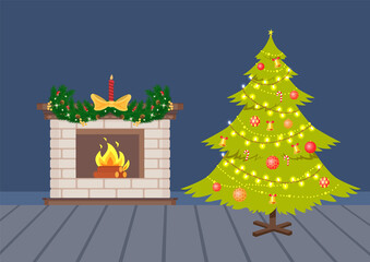 Blue flat decorated Christmas tree with garland, fireplace with spruce branch, pine cone, big bow with candle and balls. Interior for winter holiday vector