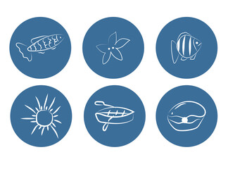 Set of marine theme logos for prints for vacation design. sun, boat, fish, shell.