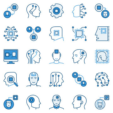 AI and Machine Learning blue icons set - computer chip in human head concept creative vector symbols