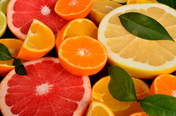 Close-up of sliced citrus fruits, Various citrus fruits, Citrus background