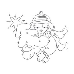 Cute christmas illustration on white background. Little girl holding fir tree. Gifts boxes around. Vector line illustration for greeting cards, packaging, postcard, banners. Happy winter vacation.