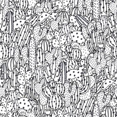 Cactuses black and white seamless pattern for coloring book. Succulent coloring page