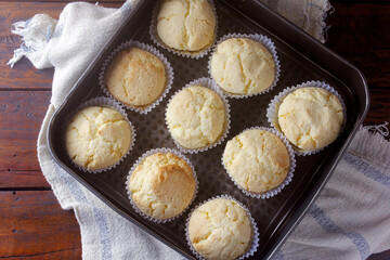 Brevidade is a traditional Brazilian sweet cake made from cassava starch, on the baking tray, on a breakfast table