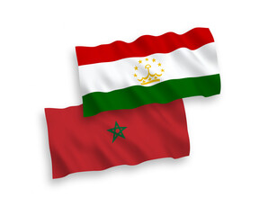 National vector fabric wave flags of Tajikistan and Morocco isolated on white background. 1 to 2 proportion.