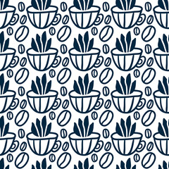 Aroma coffee cups pattern. Doodle bakground.