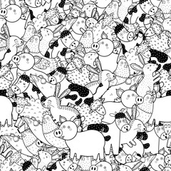 Cute farm animals black and white seamless pattern. Coloring page with funny doodle characters © juliyas