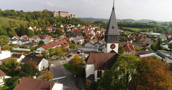 Travelling over beautiful sunny Weinsberg, Heilbronn district in Germany. Panorama of the city. Burg Weinsberg.